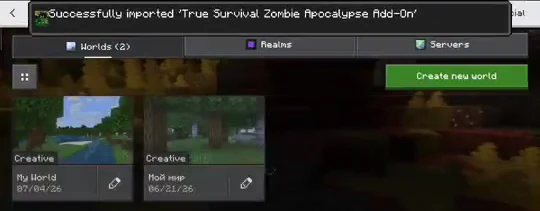 Menu principal do Minecraft Bedrock com um aviso de que o addon foi importado com sucesso