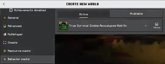 Tela de criar mundo do Minecraft Bedrock, em Pacotes de comportamento, com o addon na aba Ativos