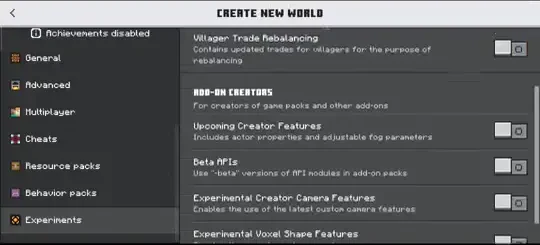 Lista de Experimentos nas configurações do mundo do Minecraft Bedrock com a opção Beta APIs